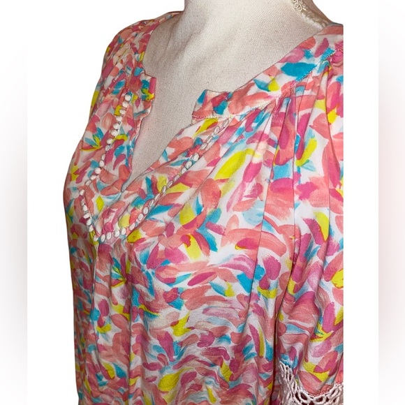 CROWN & IVY Whimsical Spring Mini Dress Bell Sleeves PNK/MLT SZ Petite X-LARGE - Picture 3 of 6